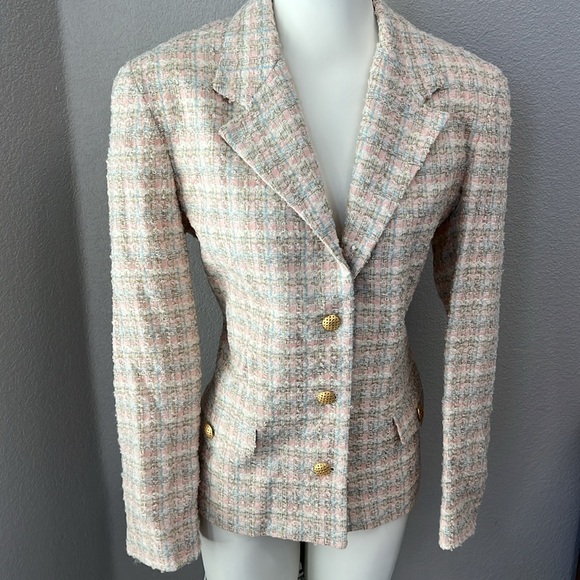 Talbots Tweed Wool Blend Multicolor Gold Buttons Shoulder Pad Blazer Size 12 USA - Picture 2 of 8